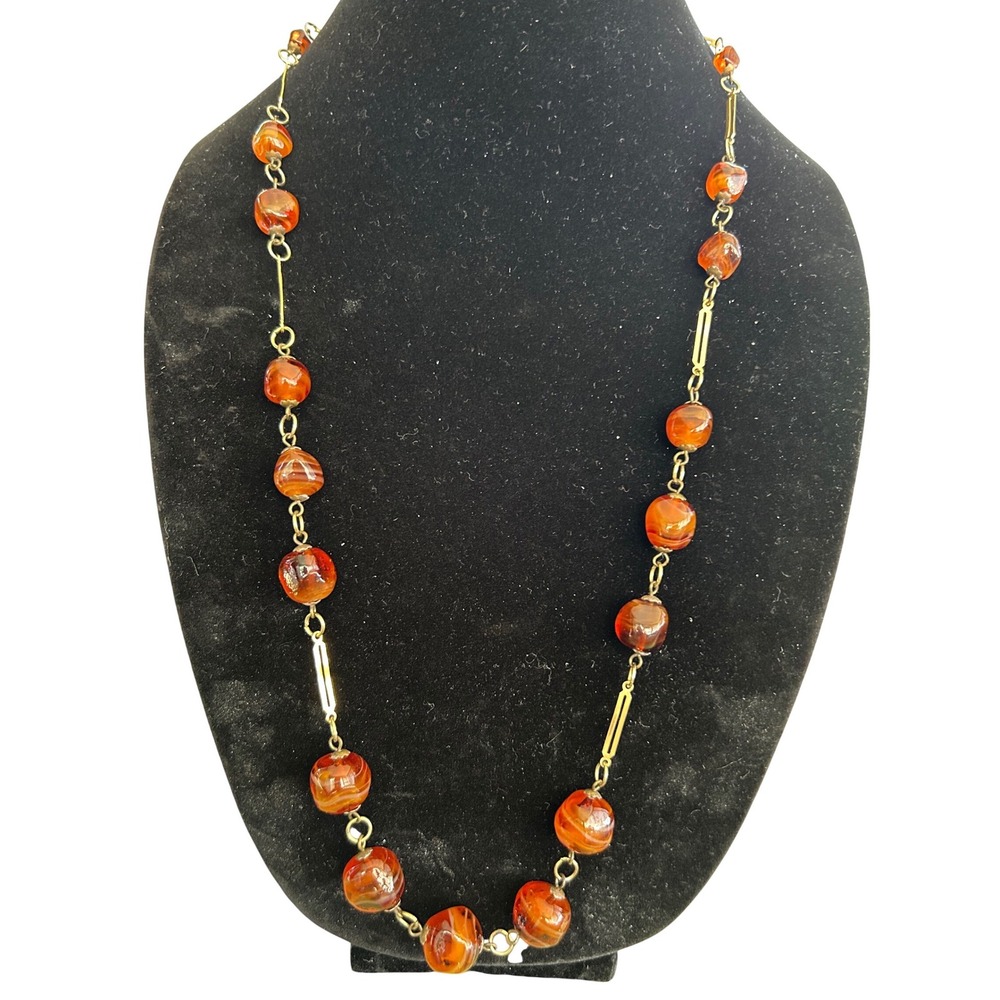 Vintage Artisan Glass Bead Necklace Amber Swirl Brass Barrel Clasp 29 Inch